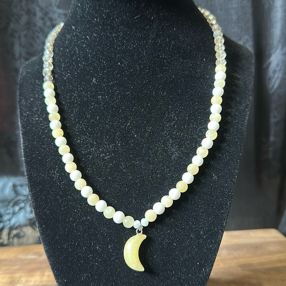 Banana Cream MoonPie Necklace(White Jade, Honey Jade & Cream Crystal beads)